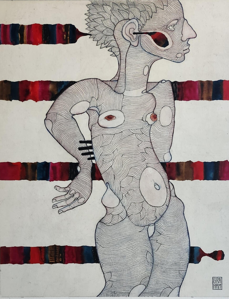 Relaxing the Coloured Line. 2024. pencil and gouache, on board. 28cm x 35cm.