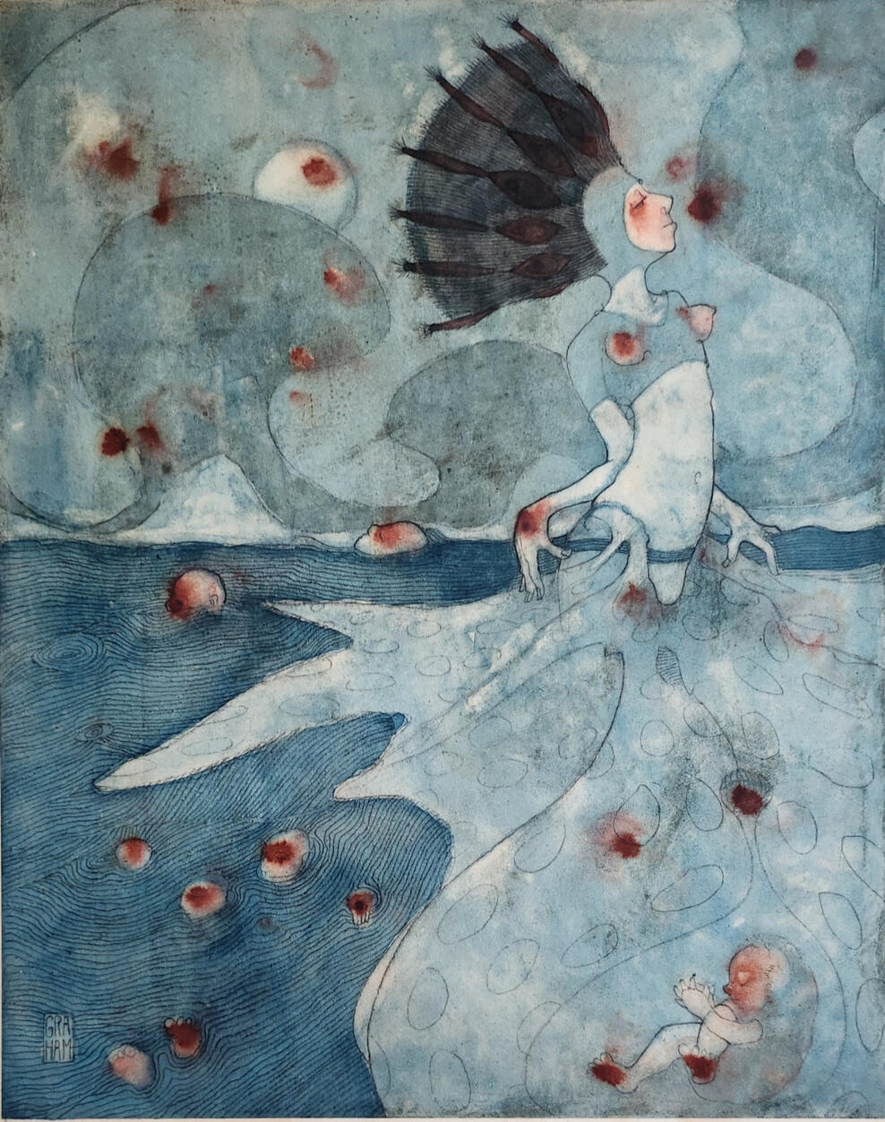 Dreaming Babies. 2020. pencil, red ink and gouache, on board. 28cm x 35cm.