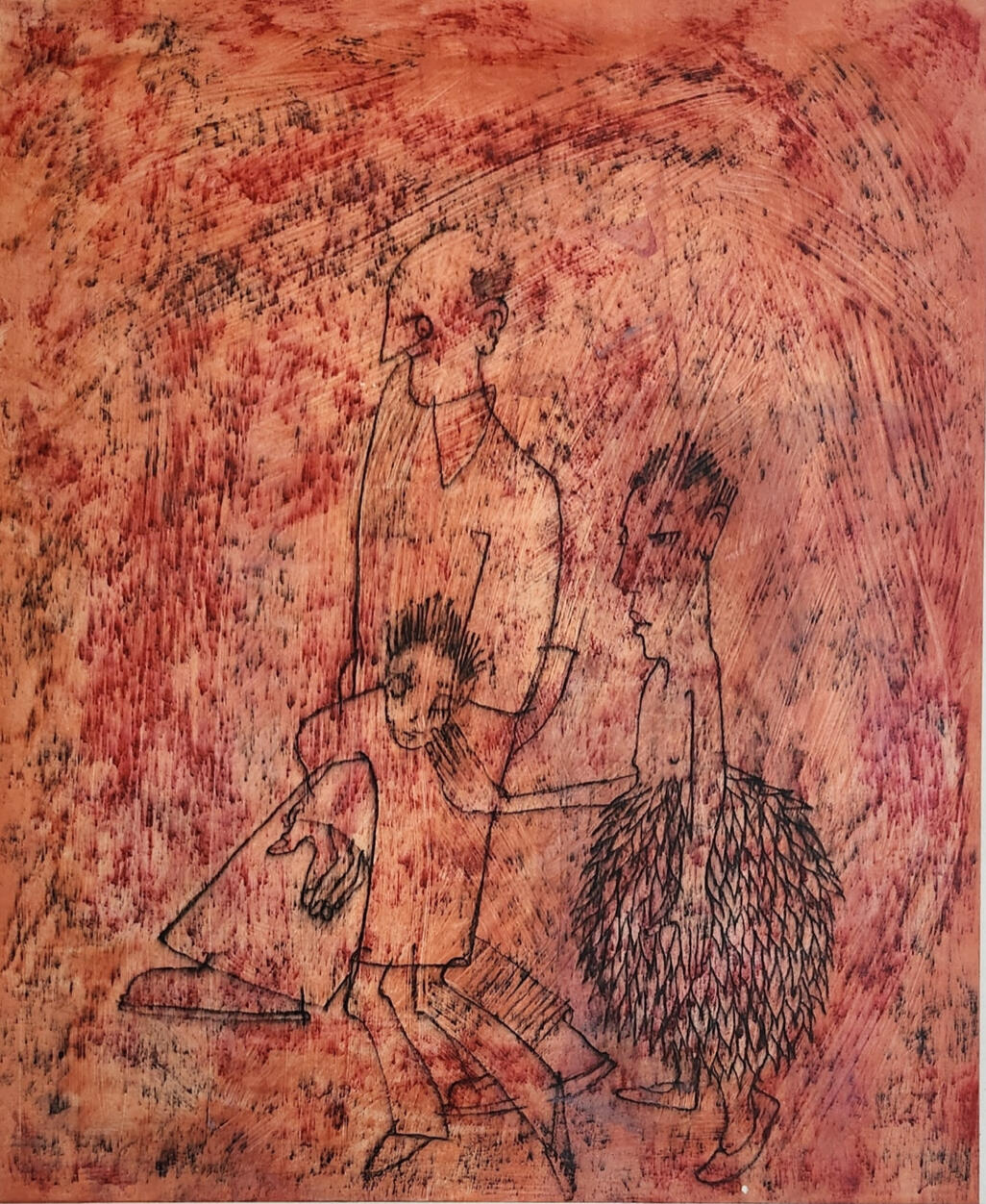 Captured. 2022, pencil and red ink, pumice gel on board. 28cm x 34cm.